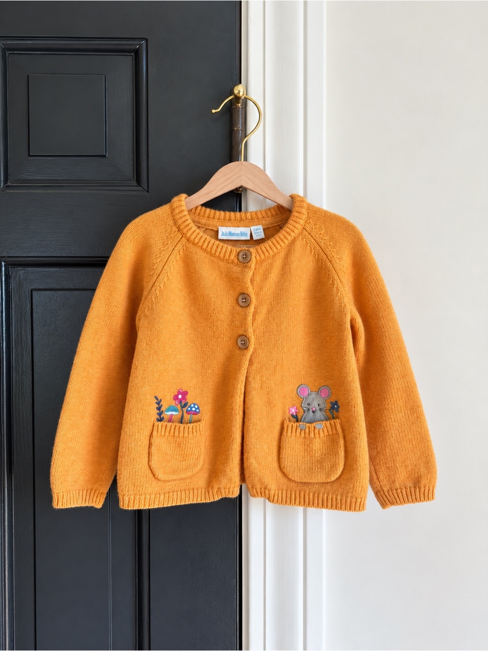 JoJo Maman Bébé Lambswool Mouse Pocket Cardigan Orange 2-3Y Embroidered